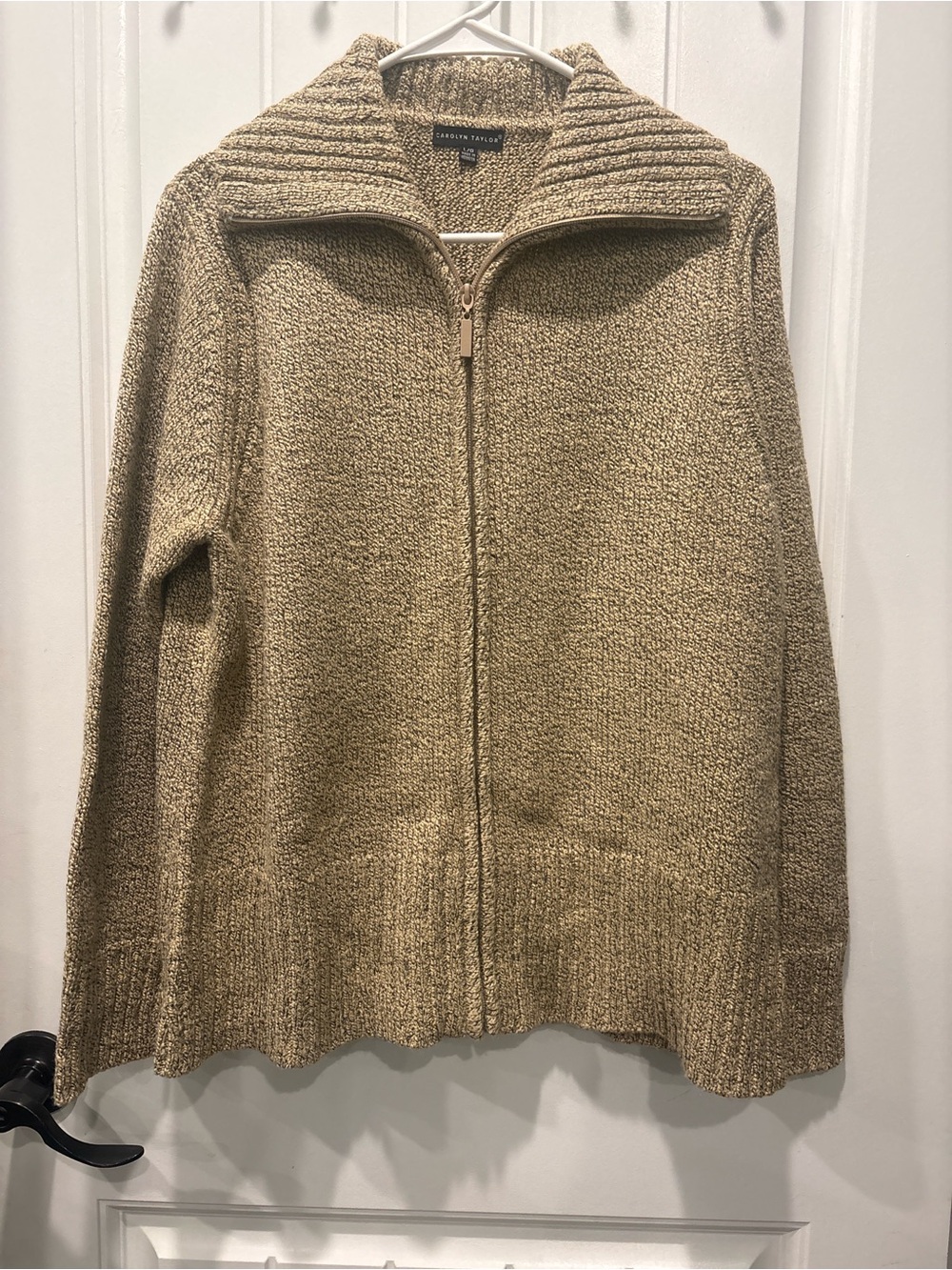 Carolyn Taylor Zip-Up Sweater Jacket in marled beige and tan size large